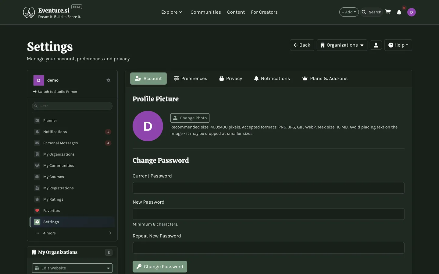 The Settings page: the Account, Preferences and Privacy tabs, plus the ones your role adds.