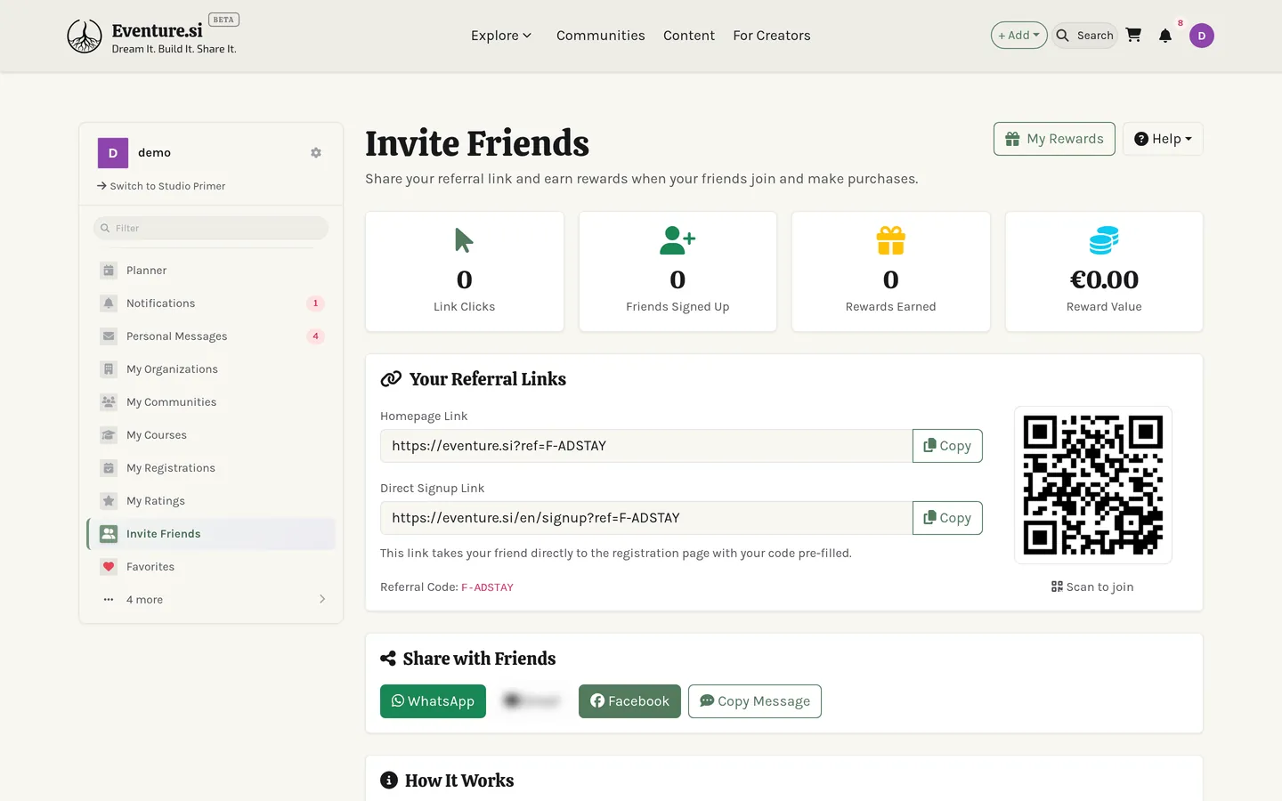 The affiliate dashboard: clicks, conversions and earnings.