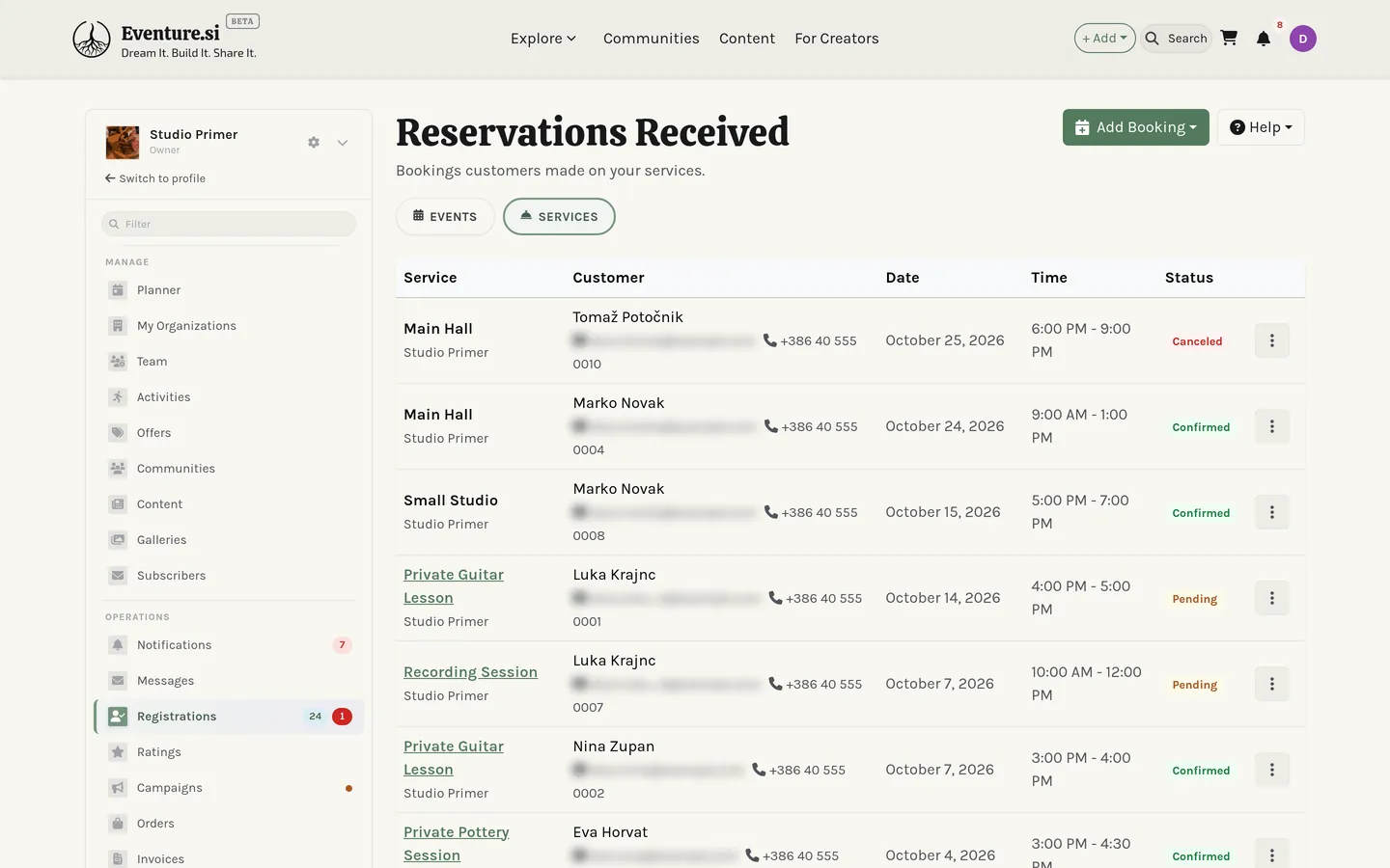 The bookings calendar: pending, confirmed and completed appointments.