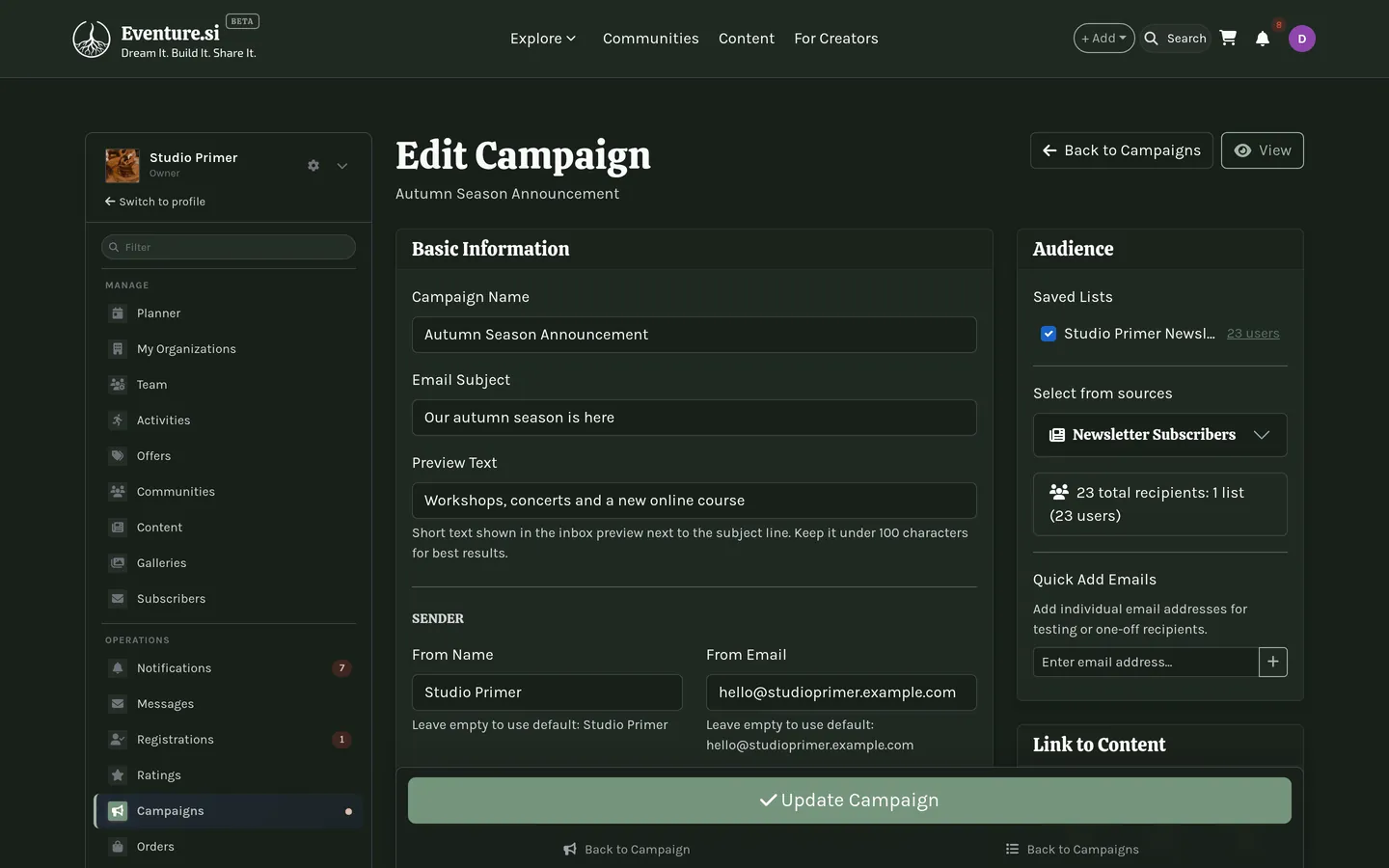 The campaign editor with a list attached and a test send ready.