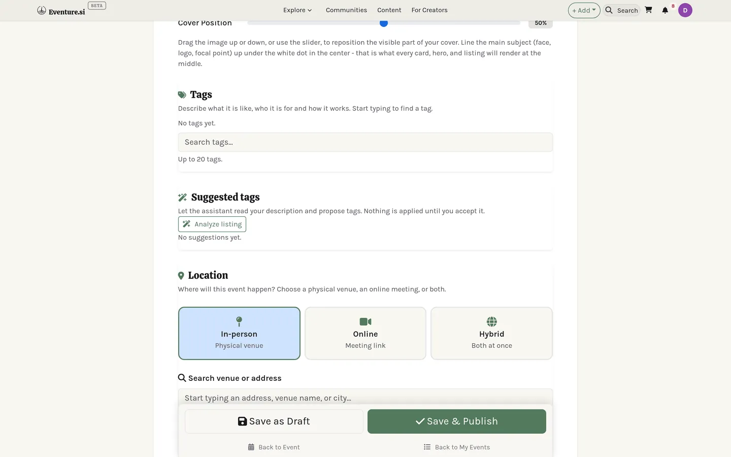 The Category and Tags cards on a listing form, with Suggested tags open.