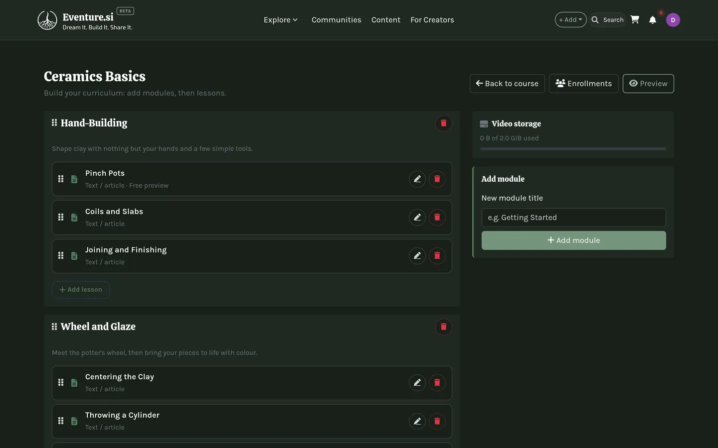 The curriculum builder: modules and lessons in drag-reorder order.