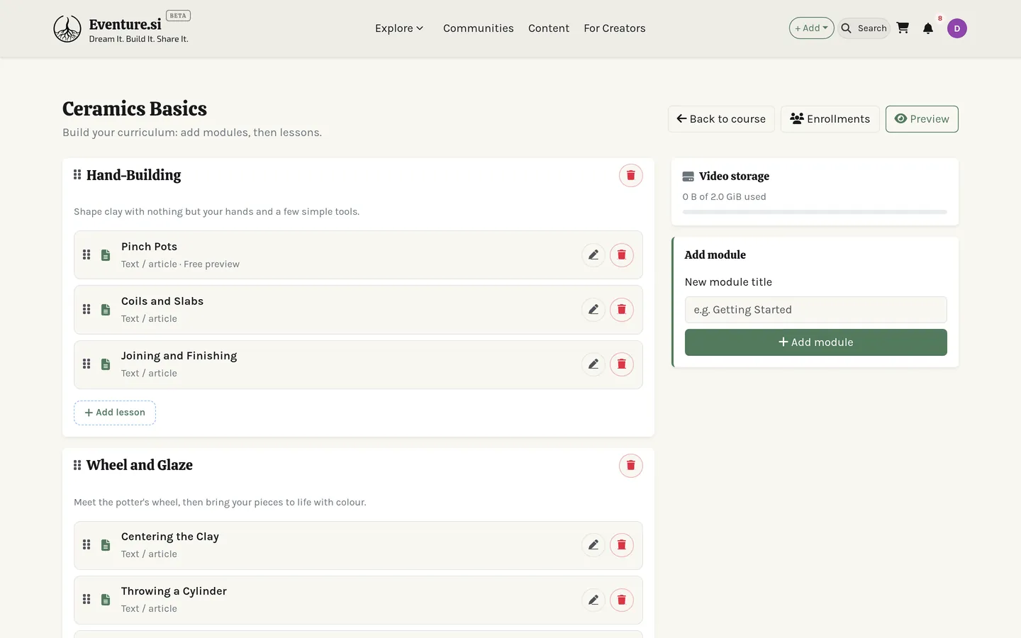 The curriculum builder: modules and lessons in drag-reorder order.