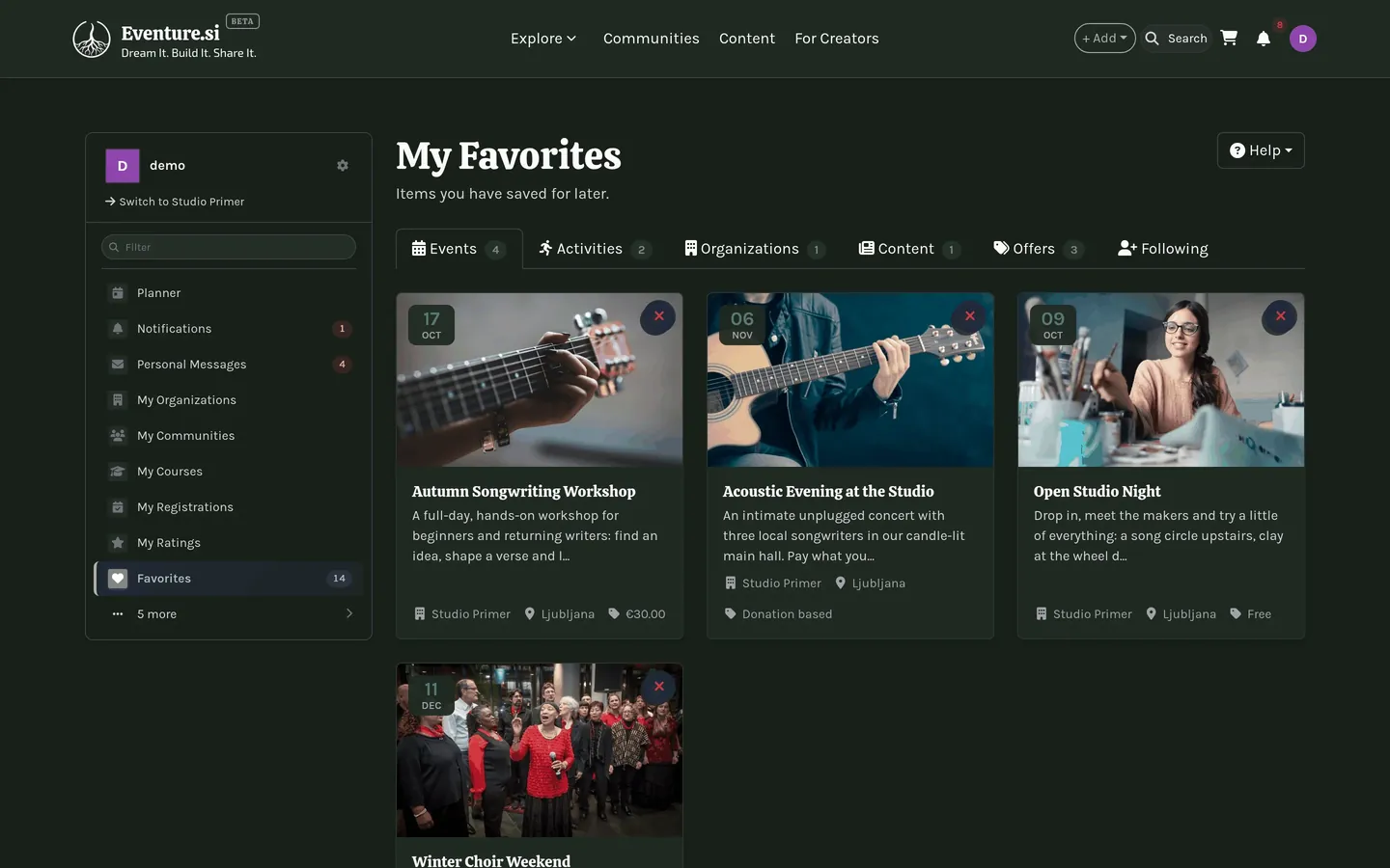 Favorites: saved items filterable by kind.