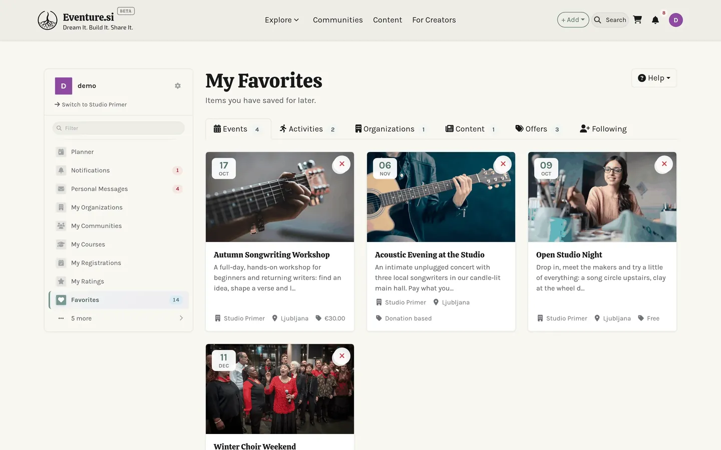 Favorites: saved items filterable by kind.