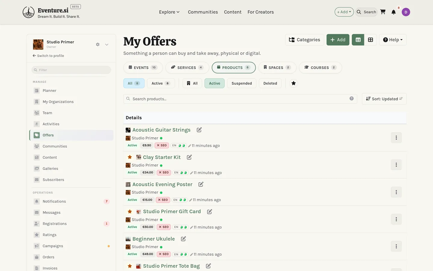 A My-section page: the sidebar's Manage and Operations groups next to the page content.