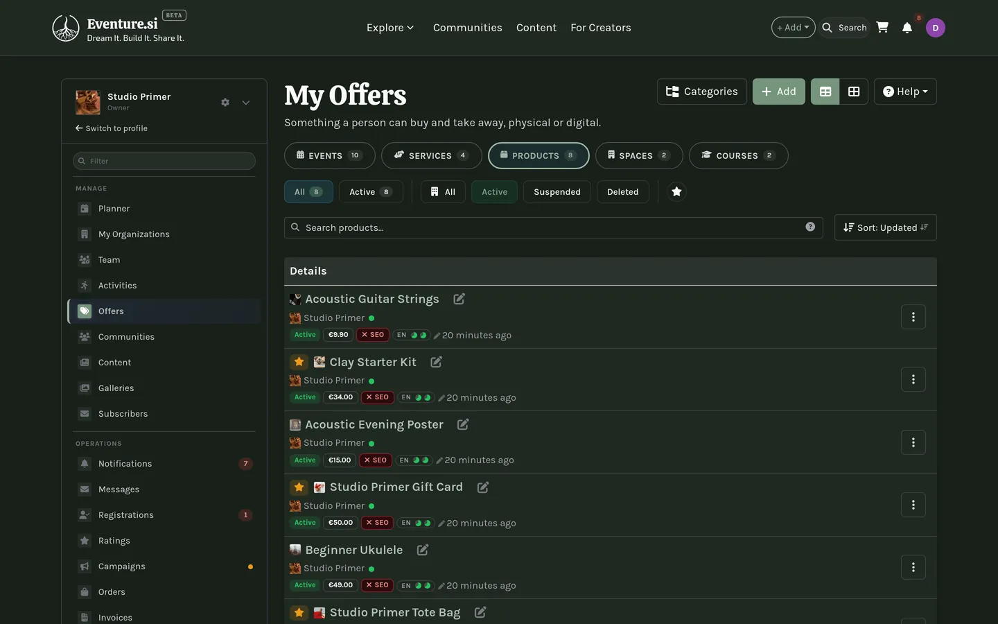 The My Offers hub: the Events, Services, Products, Spaces, and Courses tabs.