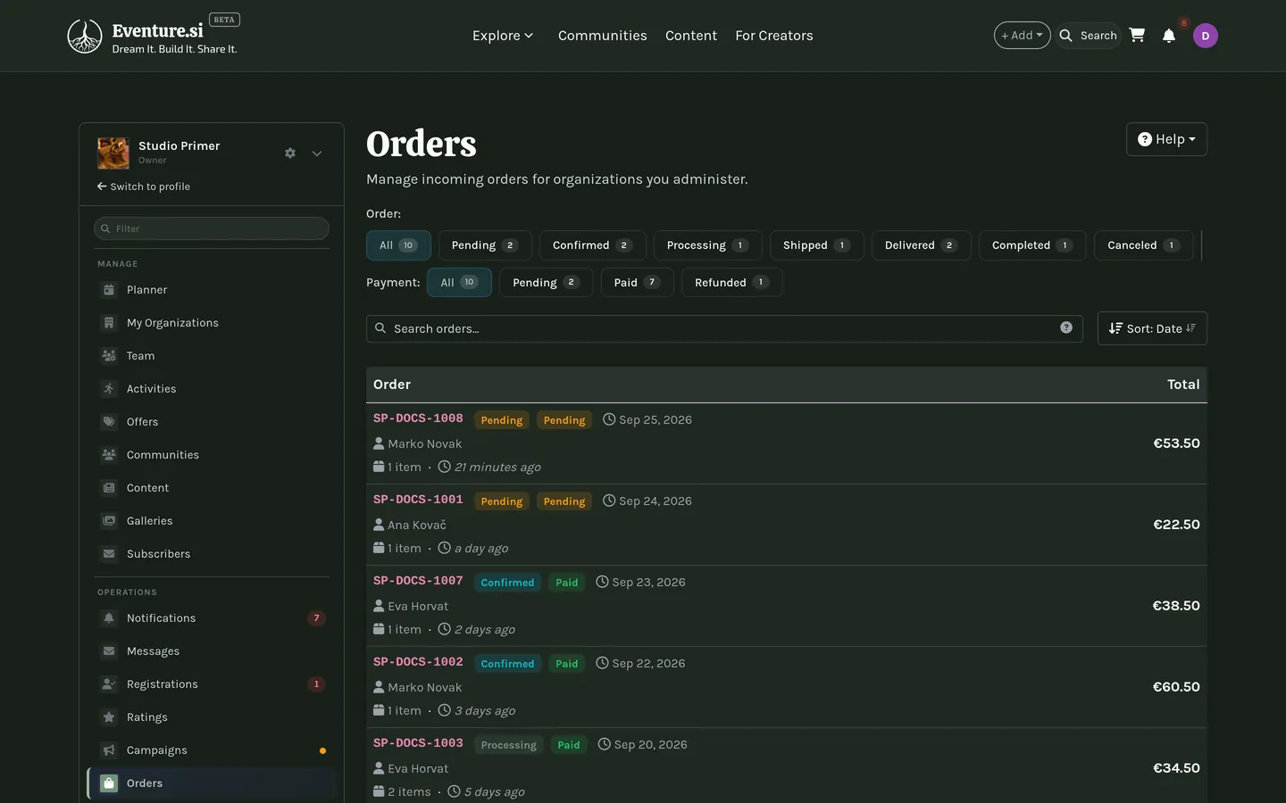 My Orders: the order list with its status filters.