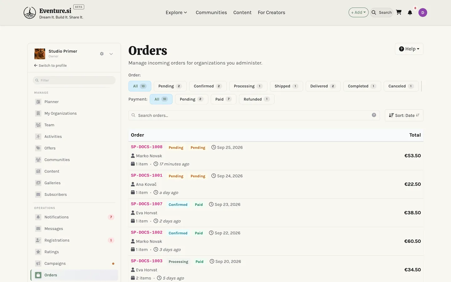 My Orders: the order list with its status filters.
