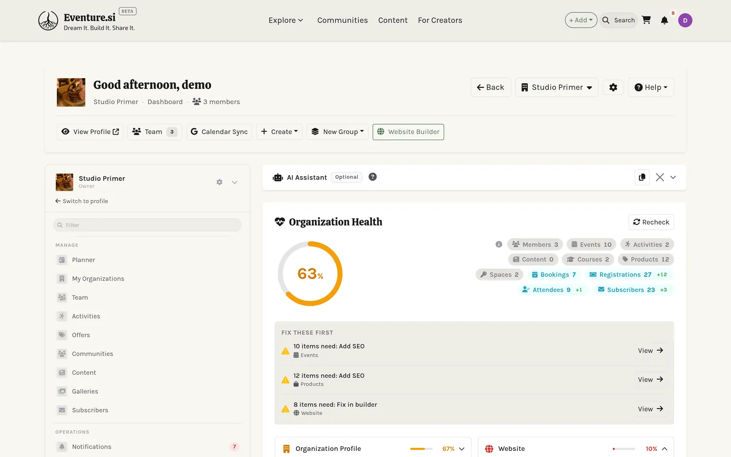 The organization dashboard: health check, charts, Upcoming Events, and Quick Actions.