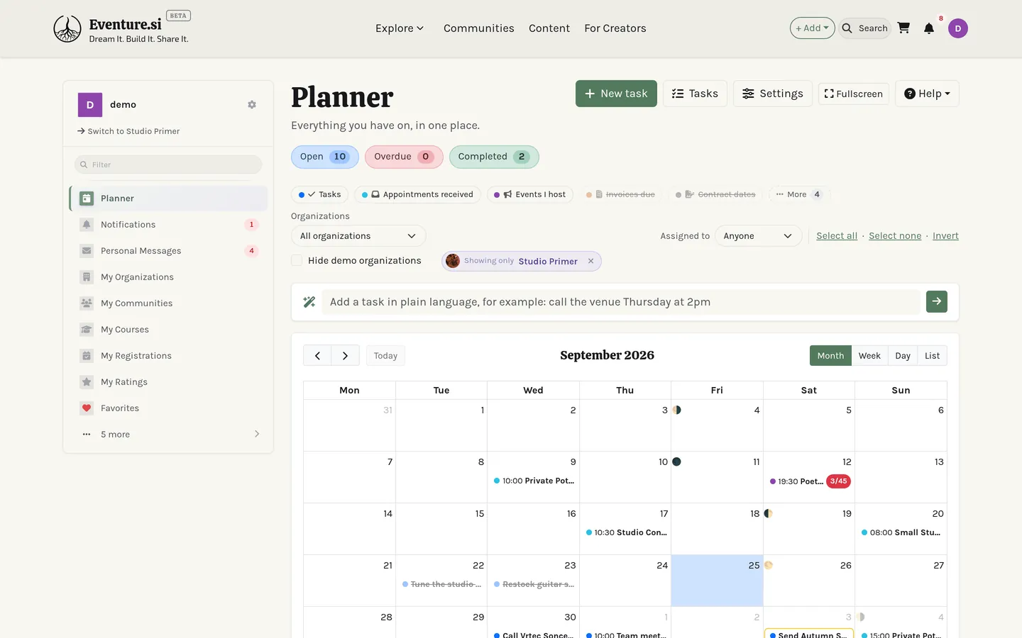 The Planner: the calendar with its source chips and the Quick Add box open.