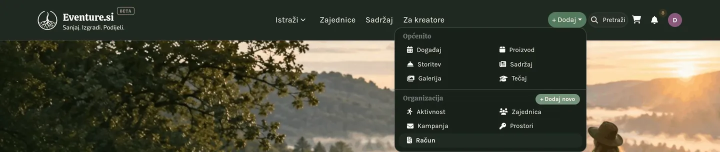 Otvoren izbornik + Dodaj, koji pokazuje što trenutno možete stvoriti.