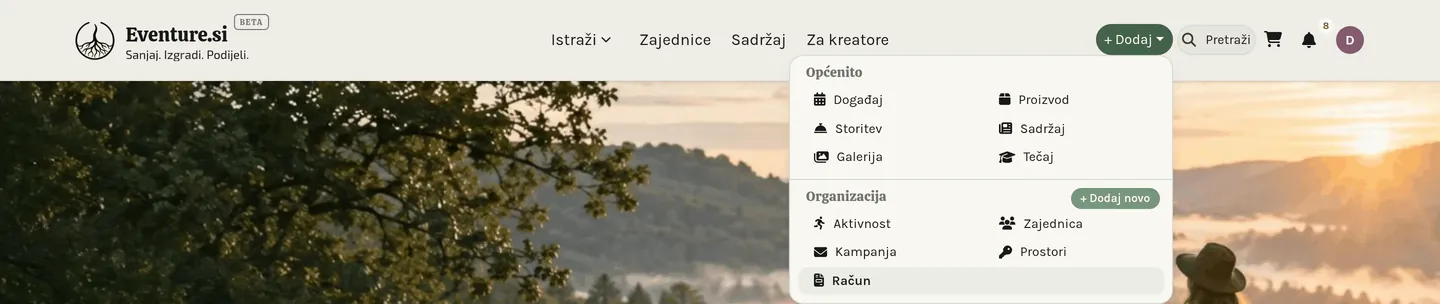 Otvoren izbornik + Dodaj, koji pokazuje što trenutno možete stvoriti.