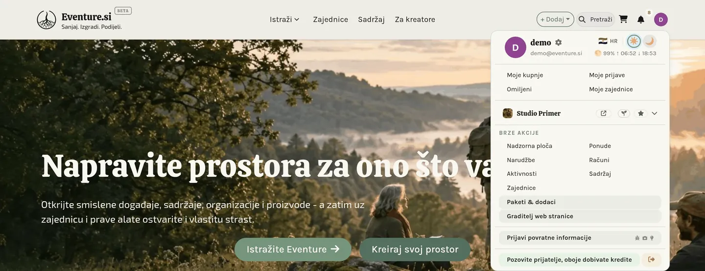 Izbornik s avatarom: osobne stavke iznad razdjelnice, vaša organizacija ispod nje.
