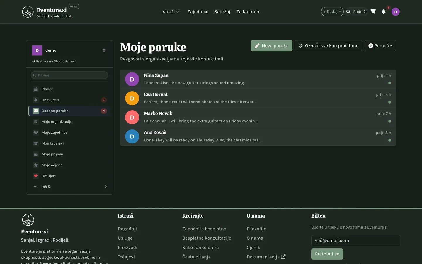 Moje poruke: razgovori grupirani po osobi i organizaciji.