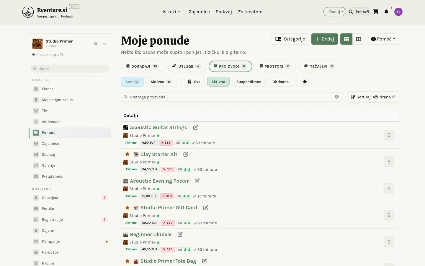 Prostor Moje ponude: kartice Događaji, Usluge, Proizvodi, Prostori i Tečajevi.