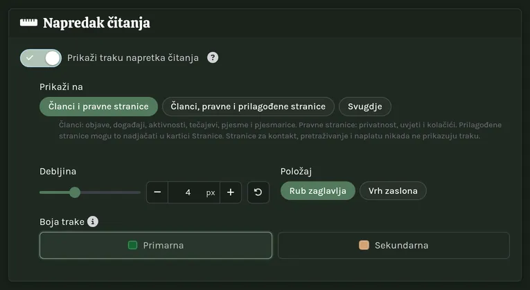 Kartica Napredak čitanja: prekidač, gdje se traka prikazuje, njezina boja, debljina i položaj.