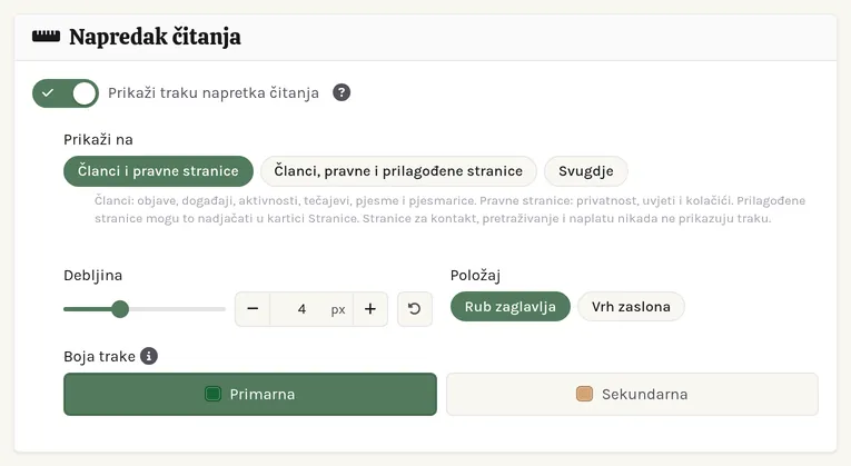 Kartica Napredak čitanja: prekidač, gdje se traka prikazuje, njezina boja, debljina i položaj.