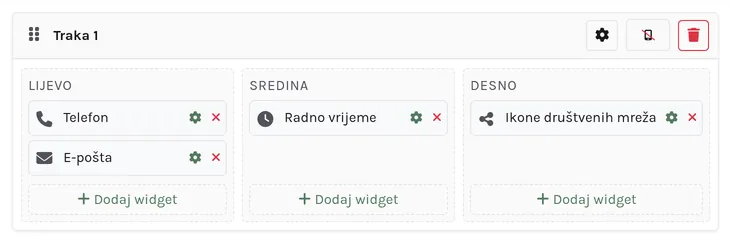 Traka zaglavlja s lijevom, srednjom i desnom zonom.
