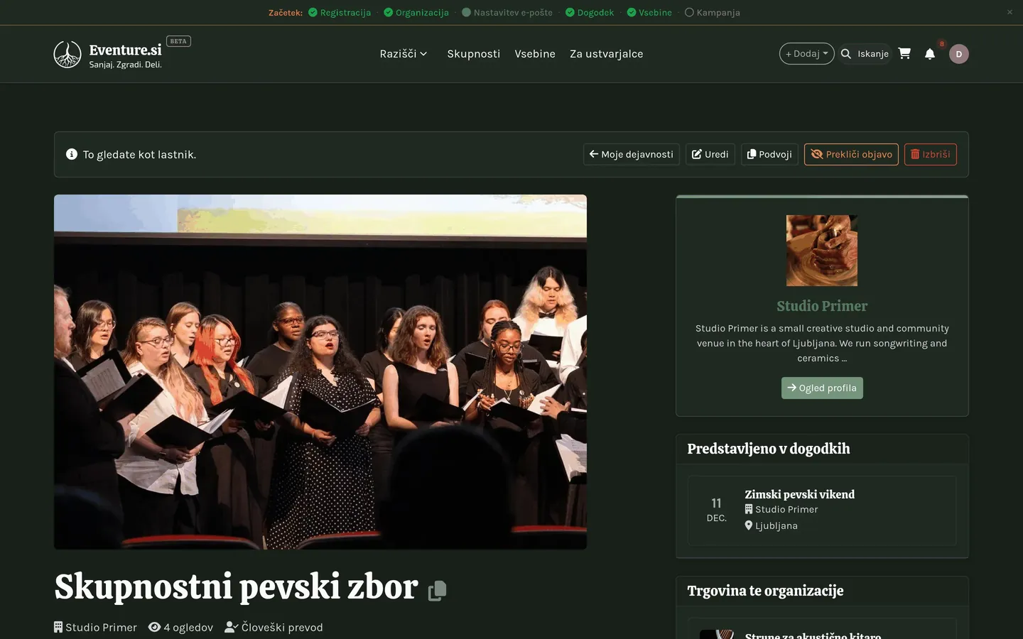 Moje aktivnosti: aktivnost s povezanimi dogodki.