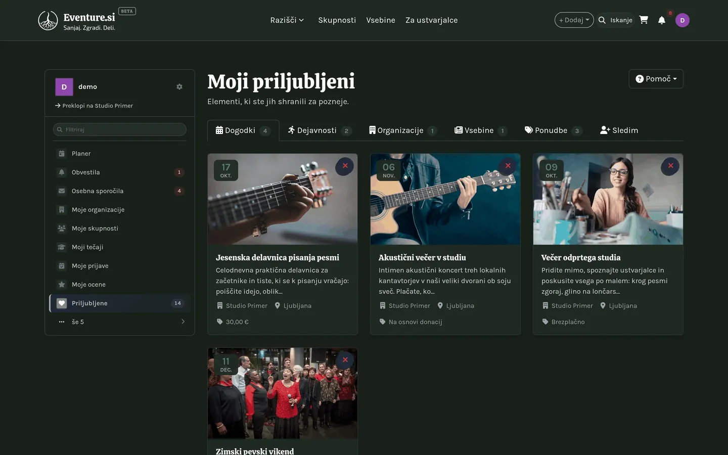 Priljubljeno: shranjeni elementi, ki jih lahko filtrirate po vrsti.