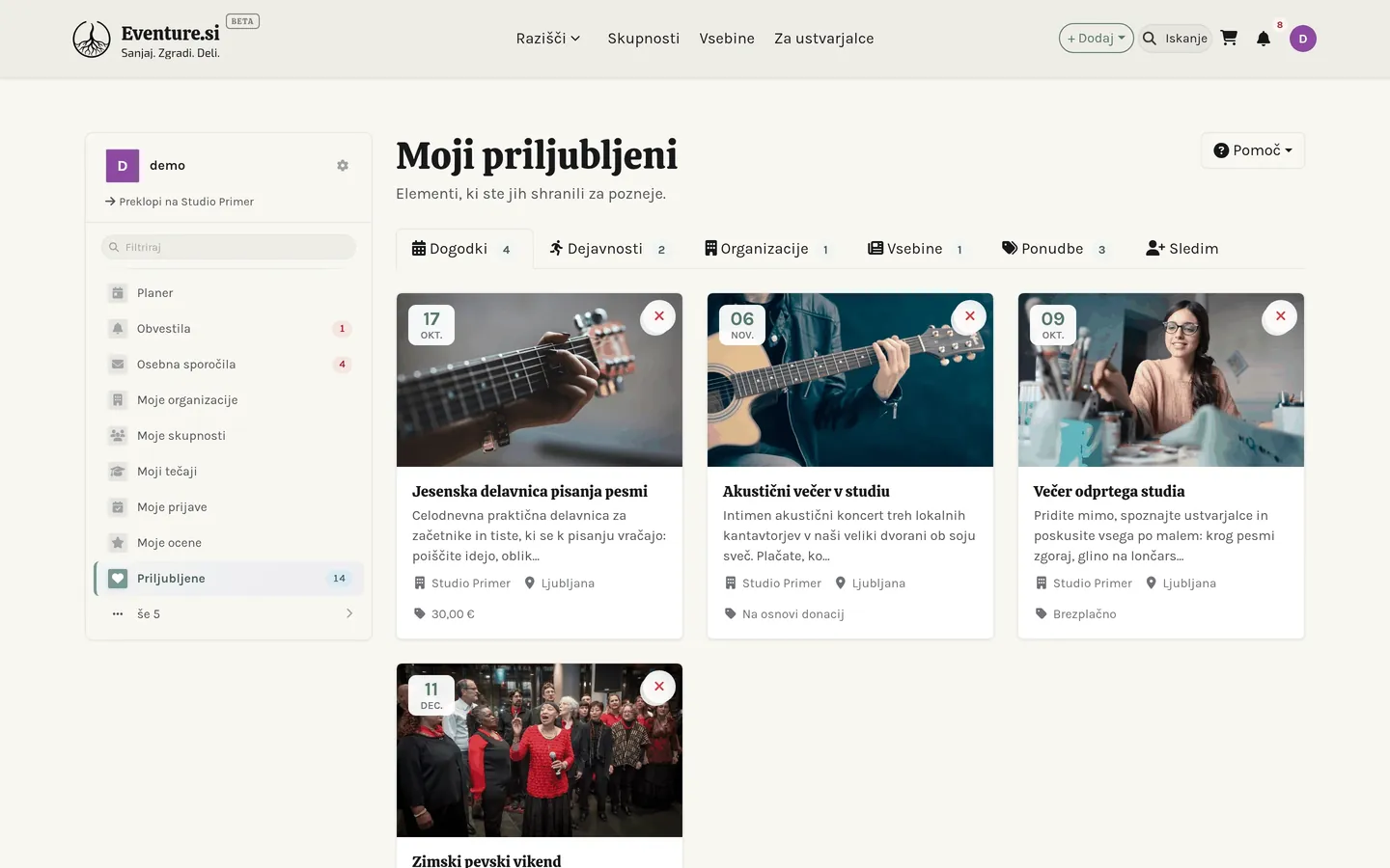 Priljubljeno: shranjeni elementi, ki jih lahko filtrirate po vrsti.