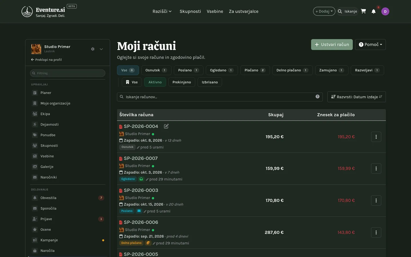 Moji računi: števci stanj in filtri nad seznamom.