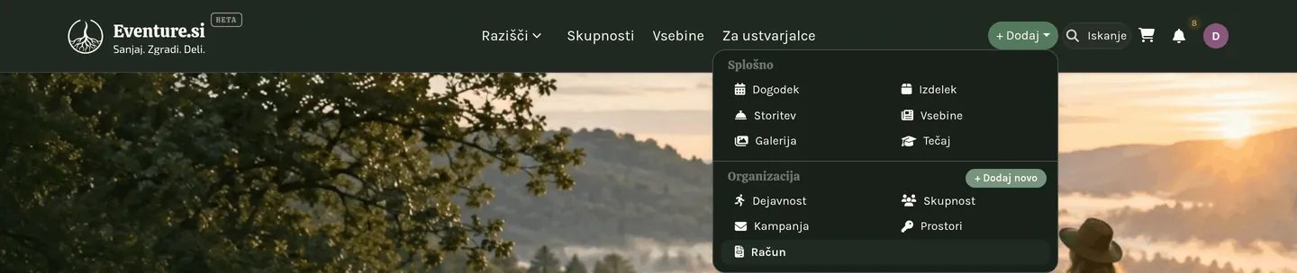Odprt meni + Dodaj, ki prikazuje, kaj lahko trenutno ustvarite.
