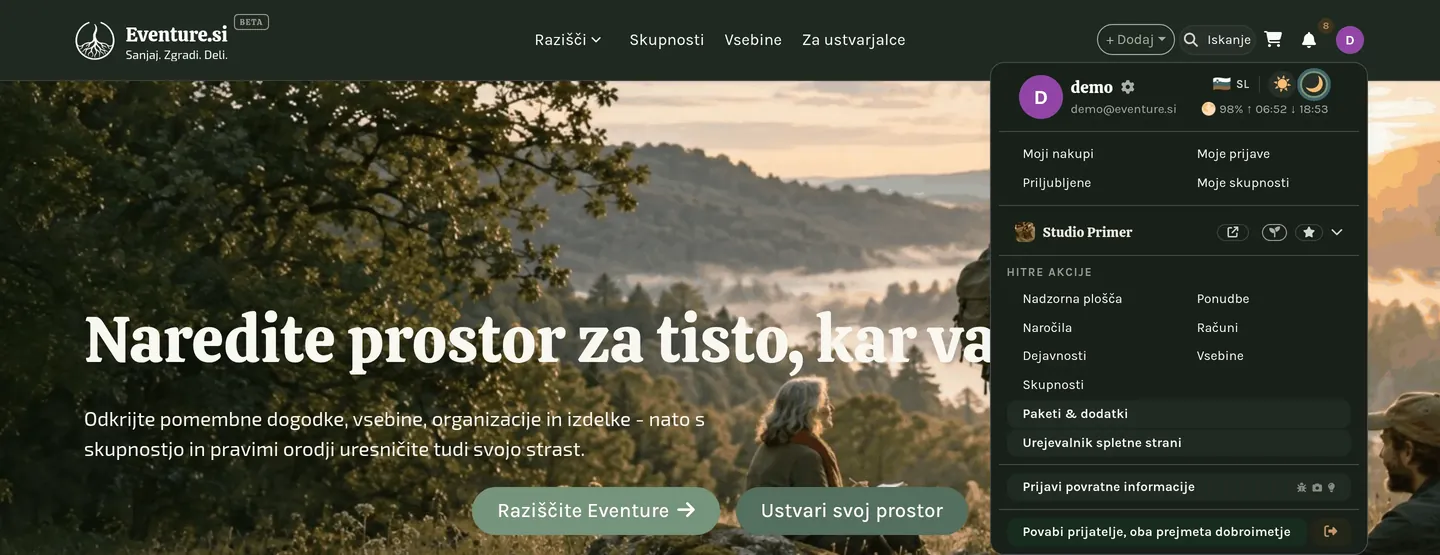 Meni z avatarjem: osebne postavke nad ločnico, vaša organizacija pod njo.