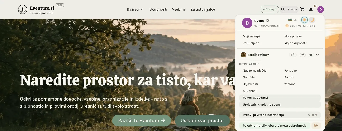 Meni z avatarjem: osebne postavke nad ločnico, vaša organizacija pod njo.