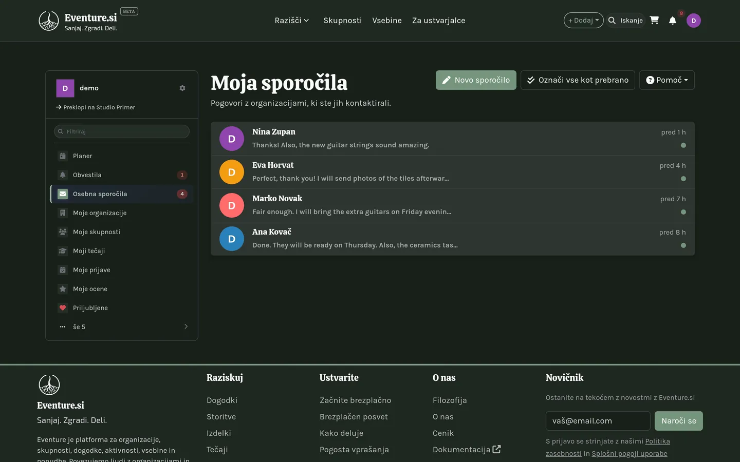 Moja sporočila: pogovori, razvrščeni po osebi in organizaciji.