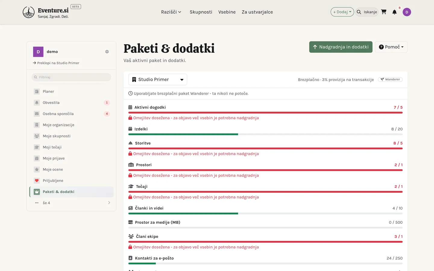 Stran Paketi & dodatki: vaša raven, kvote in nedavna naročila.