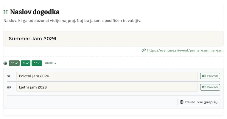 Vrstica značk za prevod pod poljem, med prevajanjem.