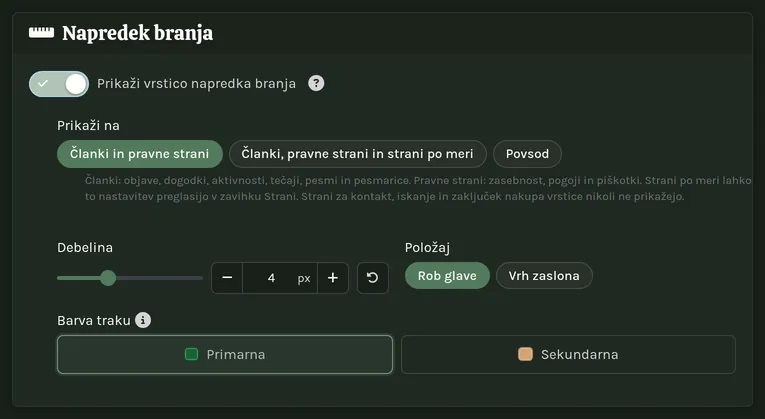 Kartica Napredek branja: stikalo, kje se vrstica prikaže, njena barva, debelina in položaj.