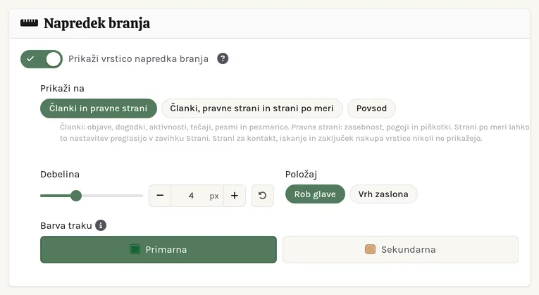 Kartica Napredek branja: stikalo, kje se vrstica prikaže, njena barva, debelina in položaj.