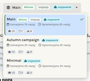 Seznam različic: vaši osnutki in stran v živo.